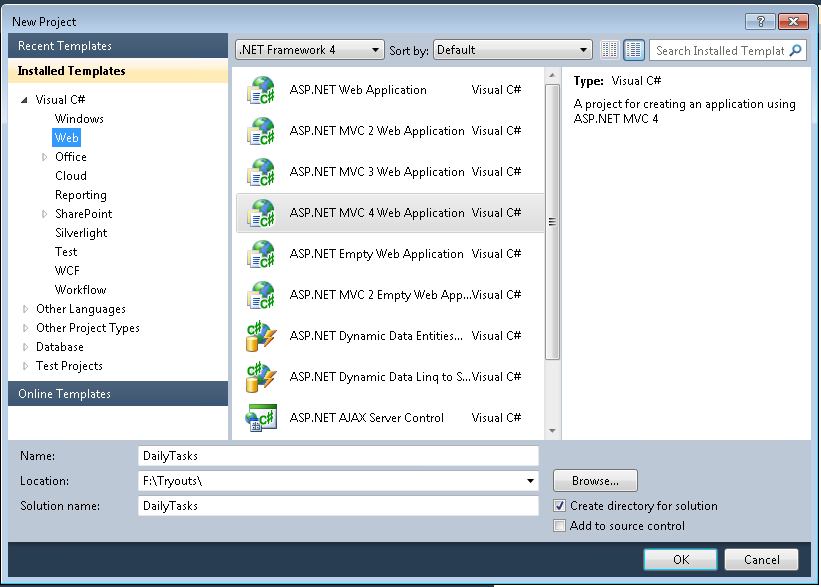 Create ASP.NET MVC 4 web application